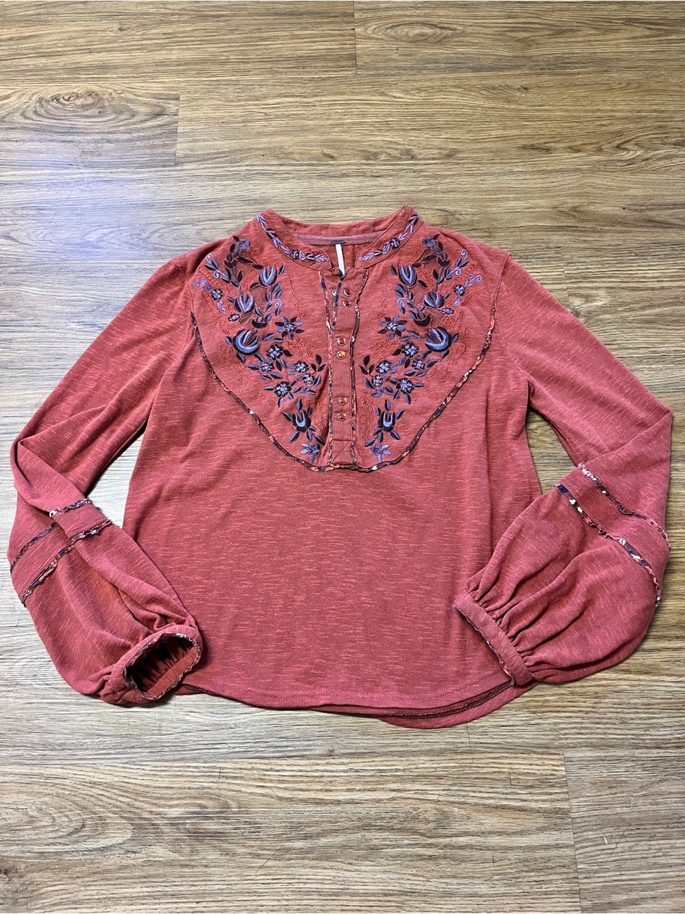 Free People Terracotta Floral Embroidered Lace Henley Bishop Sleeve Blouse S